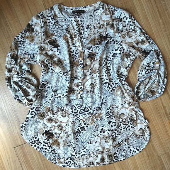 Sarah Michelle Leopard & Floral Print Button Up Roll Tab Sleeves Tunic Sz XL - Picture 1 of 10